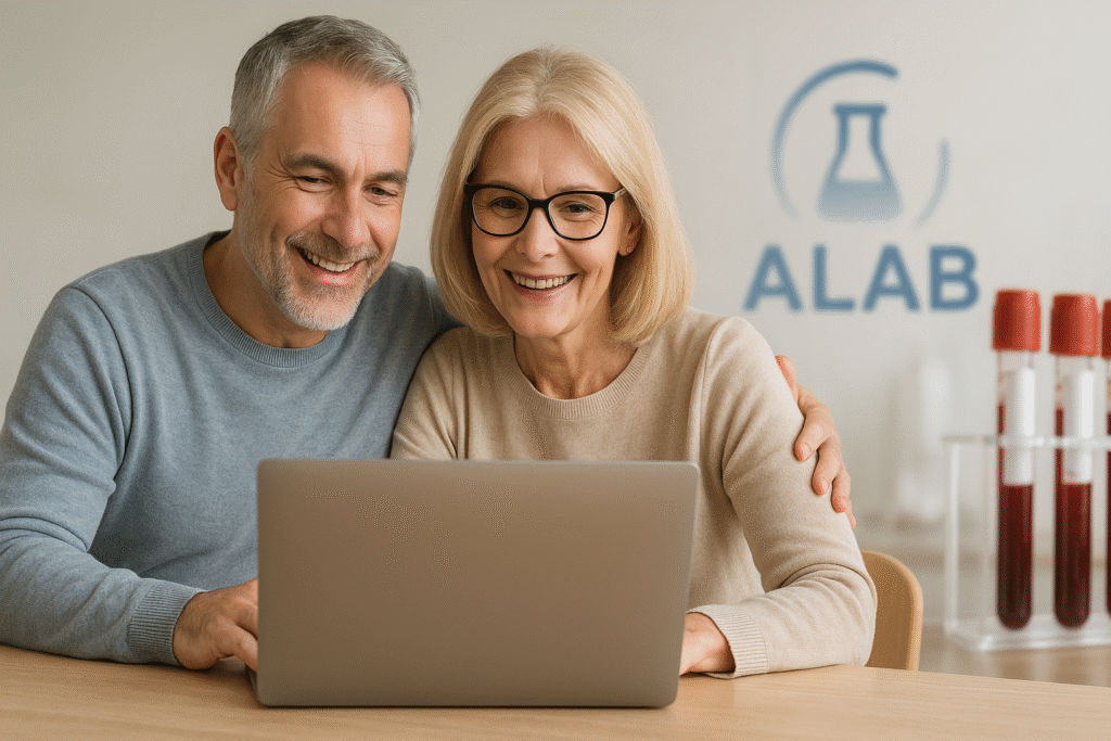 Para seniorów analizująca wyniki badań profilaktycznych ALAB laboratorium na laptopie